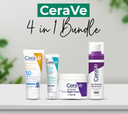 CeraVe skincare products including a sunscreen, cleanser, night cream, and retinol serum on a white surface with a blurred green plant background.