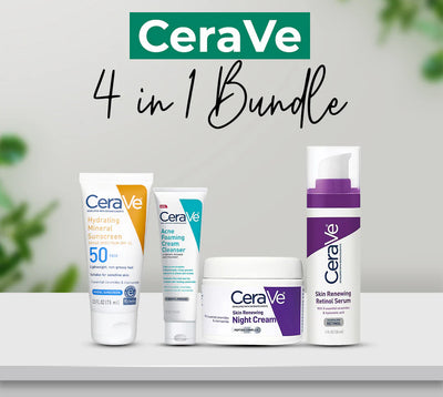 CeraVe skincare products including a sunscreen, cleanser, night cream, and retinol serum on a white surface with a blurred green plant background.