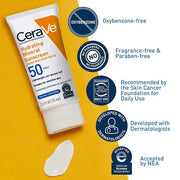 CeraVe sunscreen tube on a yellow background with product features highlighted