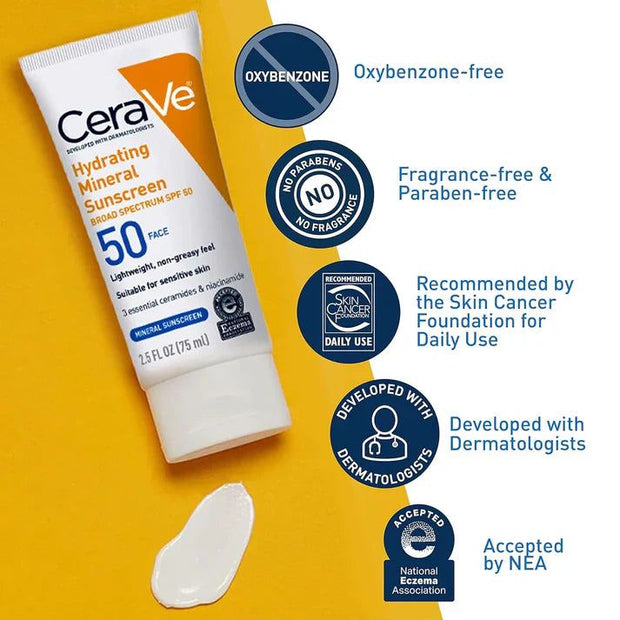 CeraVe sunscreen tube on a yellow background with product features highlighted
