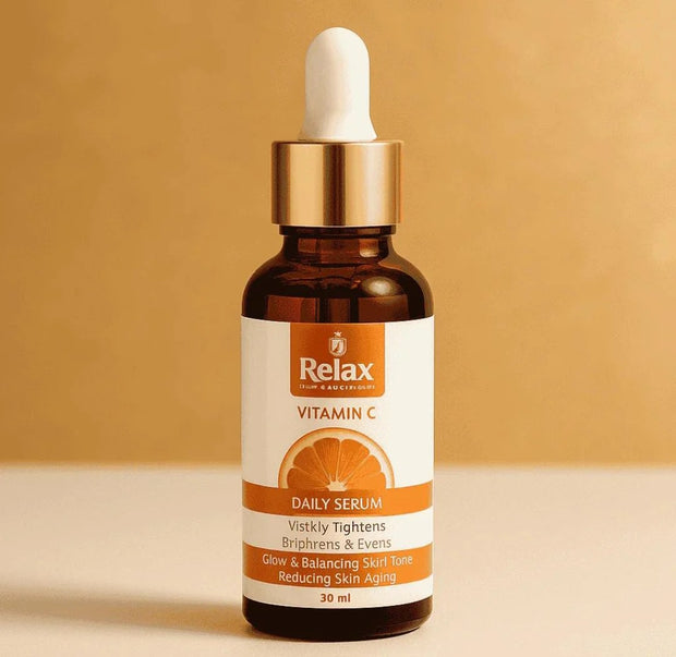 A bottle of Relax Vitamin C Serum with a dropper, labeled for brightening skin and reducing dark spots.