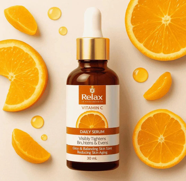 Bottle of Relax Vitamin C Serum with bright orange liquid and white label on a white background