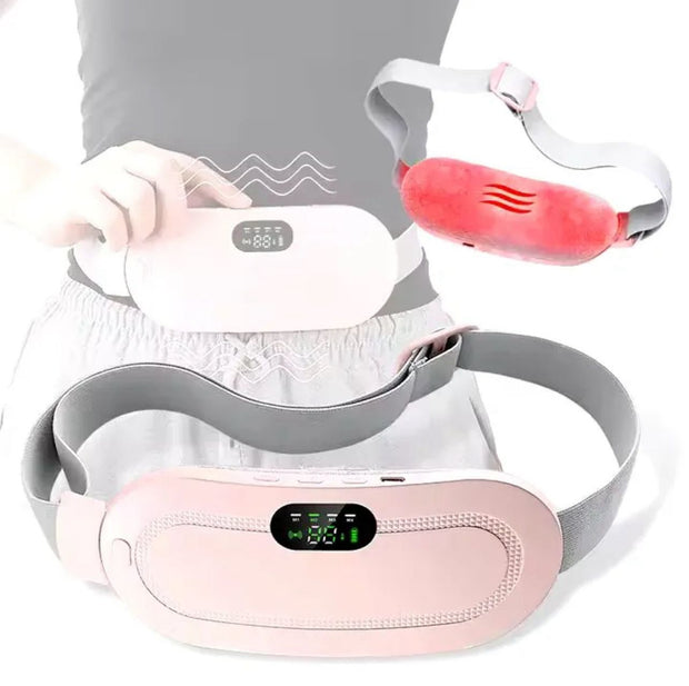 Heating belt for menstrual pain relief with adjustable heat and LED display wrapped around waist.
