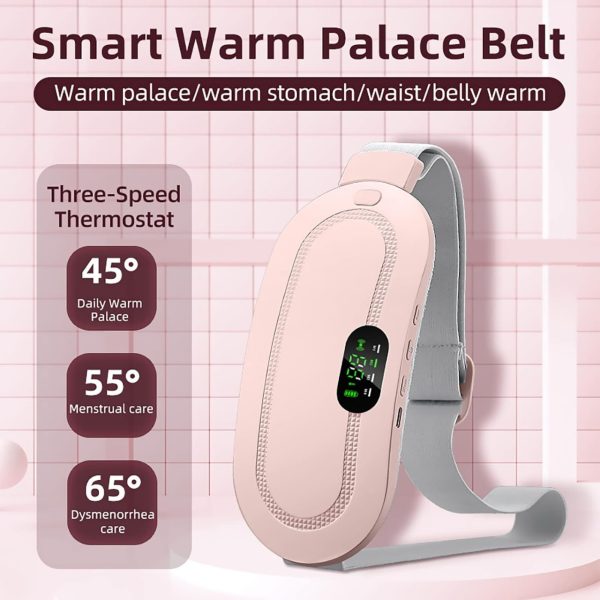 Adjustable heating pad belt with three heat levels for menstrual pain relief and comfort.